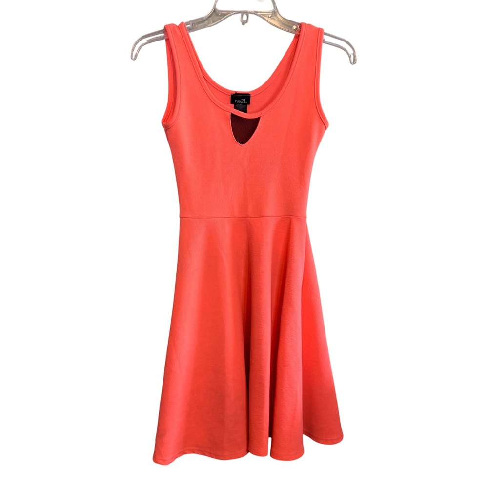rue21 Womens Coral Skater Dress Mesh Keyhole‎ Fit & Flare Size XS Pink Orange